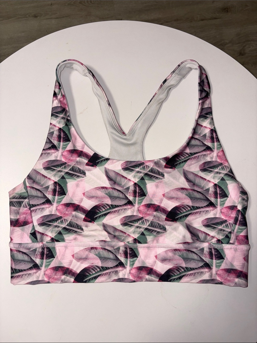 Pink Leaf-Print Racerback Sports Bra